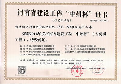 恒大綠洲項目A10地塊17#、18#、19#樓及地下車庫榮獲“2018年度河南省建設工程中州杯（省優(yōu)質(zhì)工程）”